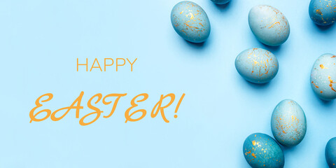 Easter frame of eggs painted in blue color. Flat lay, top view. Copy space for text.