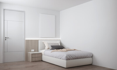 Canvas frame on the white room interior,minimal bedroom interior mock up, empty white wall, 3d rendering 