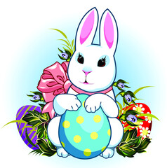 Cute Easter Bunny surrounded by colorful eggs