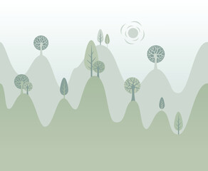 Children's wallpaper in the style of minimalism. Mountains, trees. Modern, bohemian style