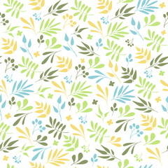 Obraz premium Trendy green leaves seamless pattern background. Hand drawn outline design for fabric, print, cover, banner and invitation. Vector illustration