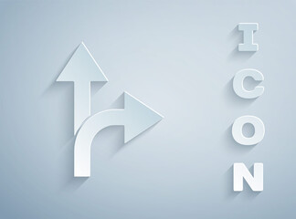 Paper cut Road traffic sign. Signpost icon isolated on grey background. Pointer symbol. Isolated street information sign. Direction sign. Paper art style. Vector Illustration.