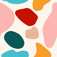 Abstract colourful seamless pattern with hand drawn doodle various shapes, spots and drops. Vector illustration.