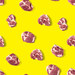 Seamless Pattern with raw pork meat slices on yellow background, food pattern