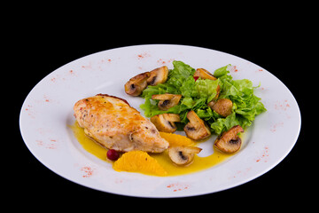 Stuffed chicken breast: fillet, parmesan, dried tomatoes, mushrooms, lettuce, orange sauce