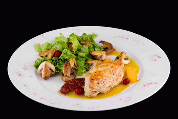 Stuffed chicken breast: fillet, parmesan, dried tomatoes, mushrooms, lettuce, orange sauce