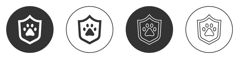 Black Animal health insurance icon isolated on white background. Pet protection concept. Dog or cat paw print. Circle button. Vector.