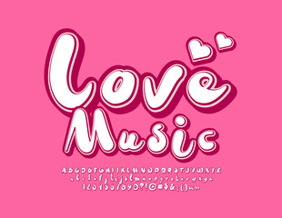 Vector artistic flyer Love Music with Hearts. Cute creative Font. Trendy Alphabet Letters and Numbers set
