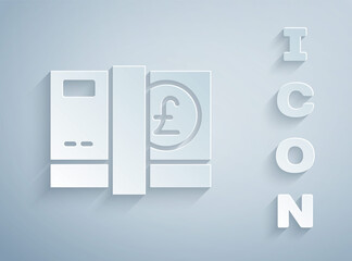 Paper cut Pound sterling money icon isolated on grey background. Pound GBP currency symbol. Paper art style. Vector.