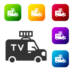 Black TV News car with equipment on the roof icon isolated on white background. Set icons in color square buttons. Vector.