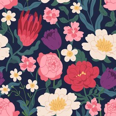 Gorgeous seamless pattern with peony roses, tulips and protea. Endless floral design with gorgeous spring flowers for printing. Repeatable botanical dark background. Colorful flat vector illustration