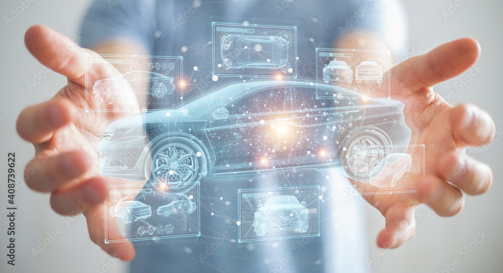 Aufkleber man holding and touching holographic smart car interface projection 3d rendering