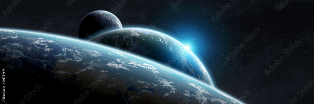 Aufkleber panoramic space planets background. panorama of distant solar system with exoplanets 3d rendering el