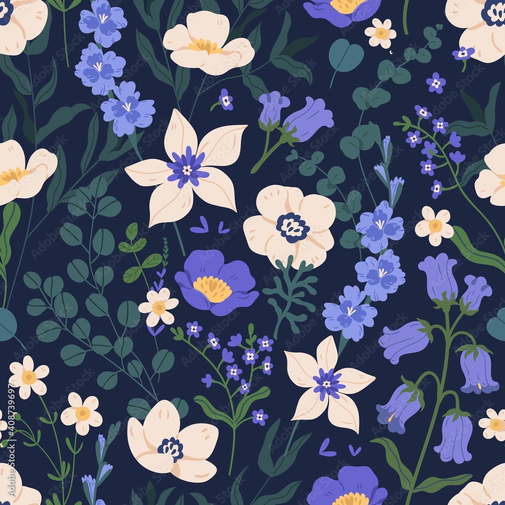 Poster elegant seamless floral pattern with bluebells and anemones. endless design with gorgeous wild flowe