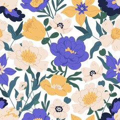Seamless floral pattern with peonies, anemones, daffodils and clematis. Endless design with flowers for printing and decoration. Repeatable botanical background. Colorful flat vector illustration.