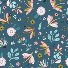 Colorful seamless pattern with dragonflies and flowers in Scandinavian style. Summer floral repeat background for fabrics or wallpapers. Butterfly and dragonflies design. . 