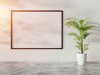 Black frame hanging in bright interior mockup. Template of a picture framed on a wall 3D rendering