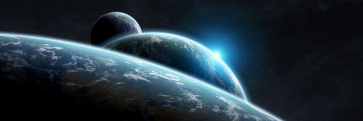 Panoramic space planets background. Panorama of distant solar system with exoplanets 3D rendering elements of this image furnished by NASA