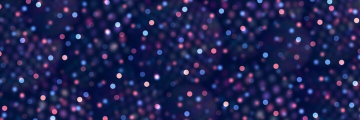 Blue pink glittering sparkles on dark violet toned blur background. Festive banner abstract graphic. Disco party retro style.