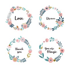 Round flower wreath set with cute flowers and leaves. Vector illustration for greeting cards, posters, invitations, art prints, baby shower and wedding.