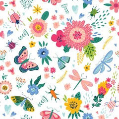 Fototapeta na wymiar Colorful seamless pattern with insects and flowers. Summer floral repeat background for fabrics or wallpapers. Butterfly and dragonflies design.