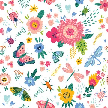 Colorful seamless pattern with insects and flowers. Summer floral repeat background for fabrics or wallpapers. Butterfly and dragonflies design.