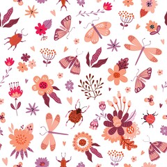 Colorful seamless pattern with insects and flowers. Summer floral repeat background for fabrics or wallpapers. Butterfly and dragonflies design.