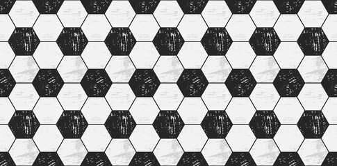 Soccer ball texture. Football seamless pattern in grunge style. Black and white hexagon wallpaper. Vector repeated tile design.