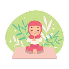 Hijab girl in namaste yoga pose. Exercise for healthy lifestyle. Flat vector cartoon design isolated on white