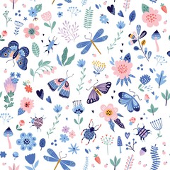 Colorful seamless pattern with insects and flowers. Summer floral repeat background for fabrics or wallpapers. Butterfly and dragonflies design.