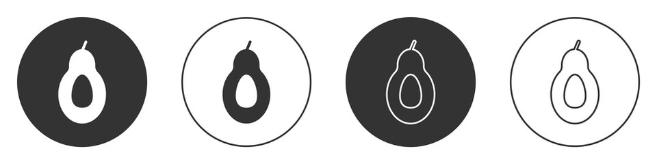 Black Avocado fruit icon isolated on white background. Circle button. Vector.