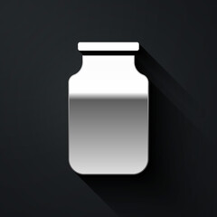 Silver Glass jar with screw-cap icon isolated on black background. Long shadow style. Vector.