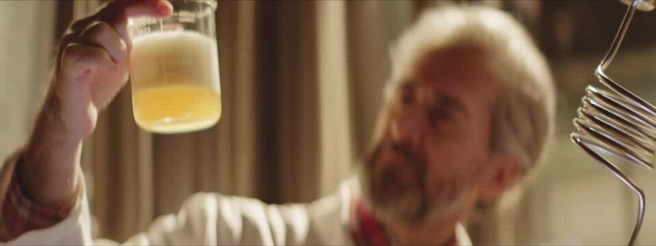 Scientist holding and looking at a beaker filled with beer and analyzing it. Chemist smelling a beer sample. Science, brewery concept.