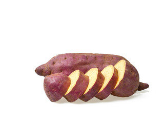isolated yellow yams or sweet potato by slice cut with shadow and clipping path on white background the edible starchy tuber of a climbing plant in tropical countries for healthy food ingredient
