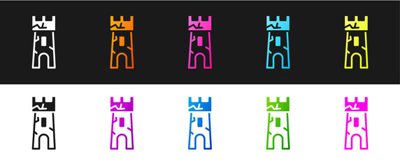 Set Castle tower icon isolated on black and white background. Fortress sign. Vector.