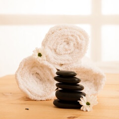 Fototapeta na wymiar Towels and masage rocks on table in spa salon