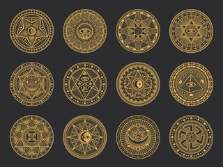Magic symbols with vector alchemy and occult science, esoteric religion and astrology mystic signs. Gold circles with Sun, Moon and spiritual eye, triangle, pentagram star, pyramid and ankh ornaments - obrazy, fototapety, plakaty