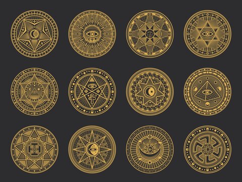 Magic symbols with vector alchemy and occult science, esoteric religion and astrology mystic signs. Gold circles with Sun, Moon and spiritual eye, triangle, pentagram star, pyramid and ankh ornaments