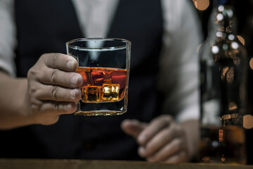 Bartender Serve Whiskey, on wood bar, 