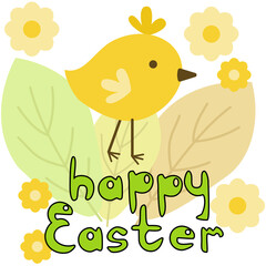 Happy Easter greeting card with yellow chicken, delicate leaves, bright flowers and themed inscription