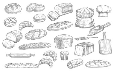 Bread and bakery food sketch vector icons baked loaf, rye and wheat bread, croissants and pretzel. Braided buns and french baguette, rolling pin, toque and scoop engraving retro bakery shop assortment - obrazy, fototapety, plakaty