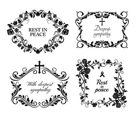 Funeral wreath cards of flowers, obituary RIP and condolences, vector black floral frames. Funeral memory and Deepest Sympathy message for columbarium or cemetery grave plates, black roses wreath