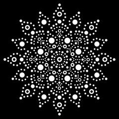 Australian mandala dot painting ethnic vector design, Aboriginal decorative boho style dot art pattern in white on black background