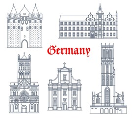 Fototapeta premium Germany landmark buildings and travel icons, Dusseldorf architecture vector icons. St Andreas kirche church in, rathaus and Obertor gates, Salvatorkirche in Duisburg and St Quirinus cathedral in Neuss