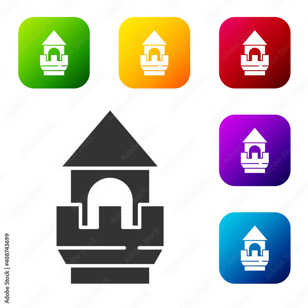 Poster black castle tower icon isolated on white background. fortress sign. set icons in color square butto