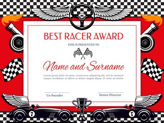 Best racer award diploma vector template. Racing winner border with black and white chequered flag, winged car and cup. Rally victory success certificate for participation or best result achievement