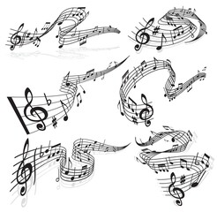 Music waves, vector musical notes and treble clef on curvy stave. Melody sounds symbols, musical notes wave swirls for jazz club or classical opera concert and orchestra players performance icons set