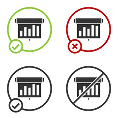 Black Board with graph chart icon isolated on white background. Report text file icon. Accounting sign. Audit, analysis, planning. Circle button. Vector.