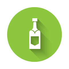 White Champagne bottle icon isolated with long shadow. Green circle button. Vector.