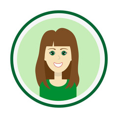 Female avatar. Cute woman’s portrait on green background. Smiling girl face with tresses brown long hair and forelock and green eyes. Isolated vector illustration.